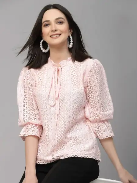 Style Quotient Women Peach Self Design Lace Regular Smart Casual Top